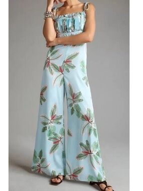 NWT Anthropologie Hutch Ruched Jumpsuit Size 10 Tropical Beach Boho Wide Leg